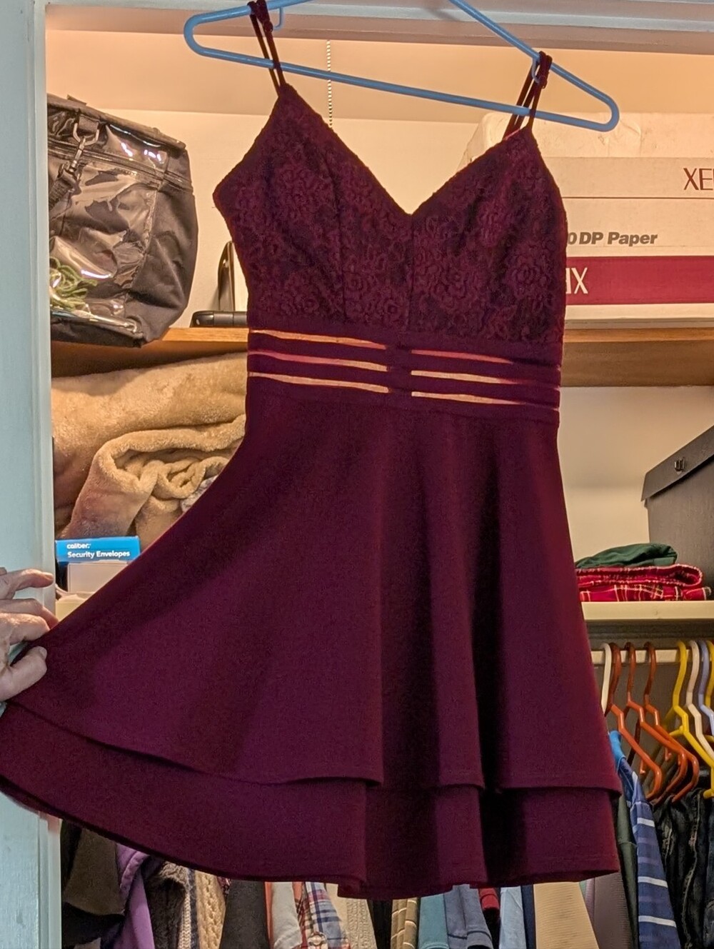 City Triangles Lace Bodice Layered Skater Dress in Plum